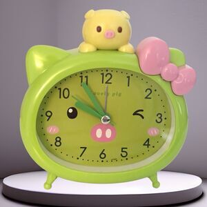 Cute Lovely Pig Alarm Clock Green With Pink Bow Analogue Alarm Clock Kids Decor